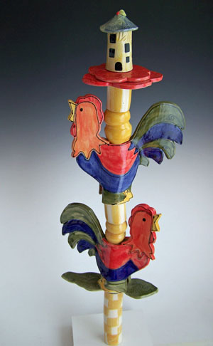 Double Rooster Garden Totem